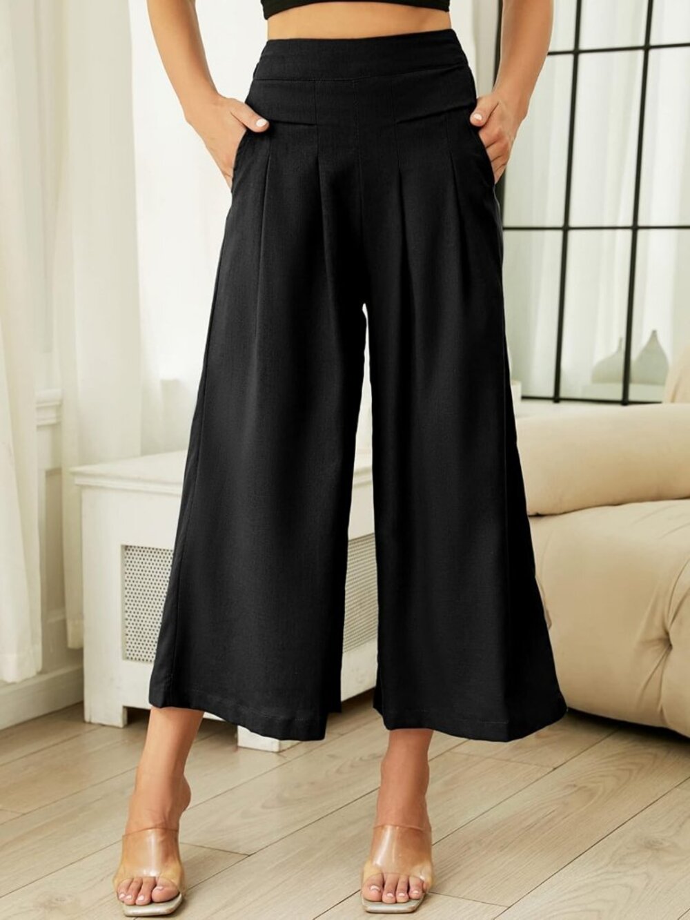 Women's Cotton Linen Wide Leg Culottes Pants | Elastic Waist Palazzo Trousers - Picture 5 of 8